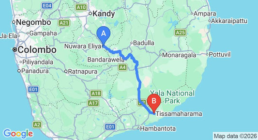 Driving route map: Nuwara Eliya to Tissamaharama (145 km, approx 3 h 47 min private transfer)