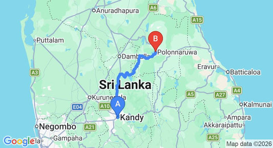 Driving route map: Kandy to Polonnaruwa (128 km, approx 3 h 11 min private transfer)