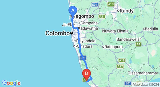 Driving route map: Colombo Airport (CMB) to Hikkaduwa (142 km, approx 2 h 5 min private transfer)