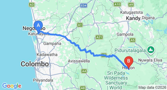 Driving route map: Colombo Airport (CMB) to Castelereigh Family Cottage, Hatton (117 km, approx 3 h 38 min private transfer)