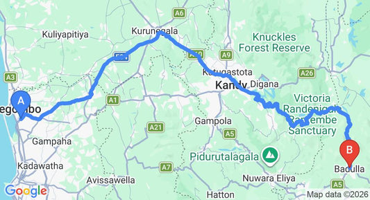 Driving route map: Colombo Airport (CMB) to Dunhinda Falls Inn, Badulla (226 km, approx 5 h 43 min private transfer)