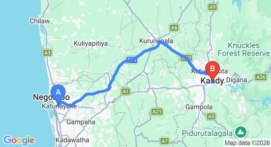 Driving route map: Colombo Airport (CMB) to Alcam Holiday Home, Kandy (116 km, approx 2 h 57 min private transfer)