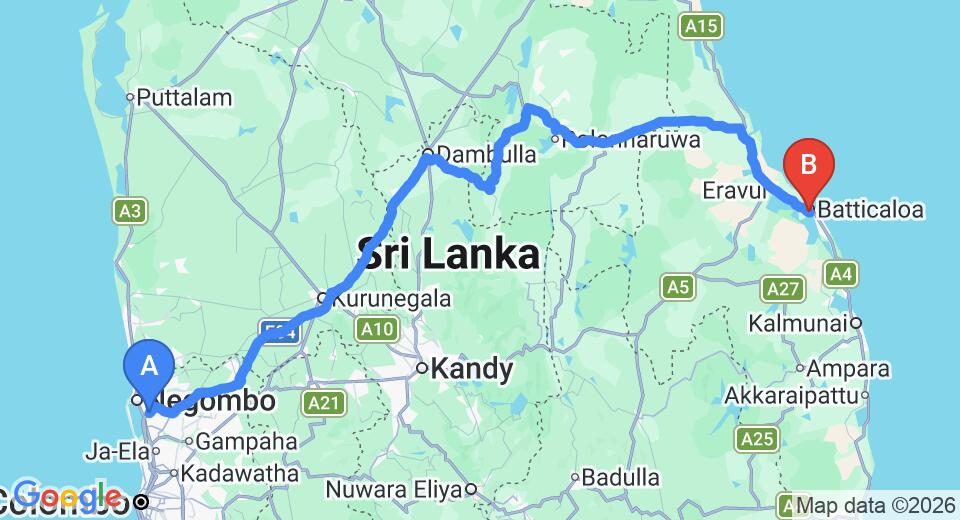 Driving route map: Colombo Airport (CMB) to Hotel Subaraj Inn, Batticaloa (292 km, approx 6 h 3 min private transfer)