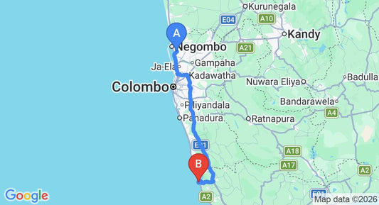 Driving route map: Colombo Airport (CMB) to Michelle Beach Hotel, Balapitiya (133 km, approx 2 h 3 min private transfer)