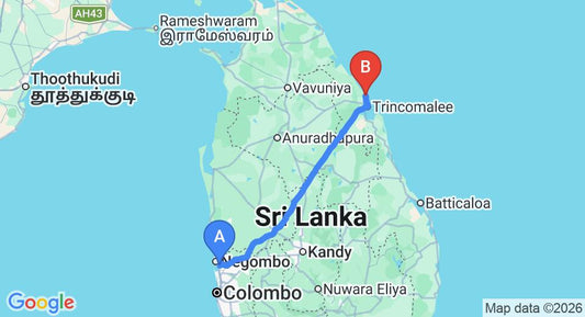 Driving route map: Colombo Airport (CMB) to Platinum Hospitality Apt #432, Trincomalee (247 km, approx 5 h 5 min private transfer)