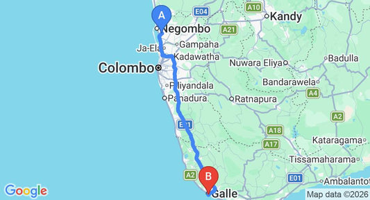 Driving route map: Colombo Airport (CMB) to Hotel Mamas Galle Fort, Galle (153 km, approx 2 h 14 min private transfer)