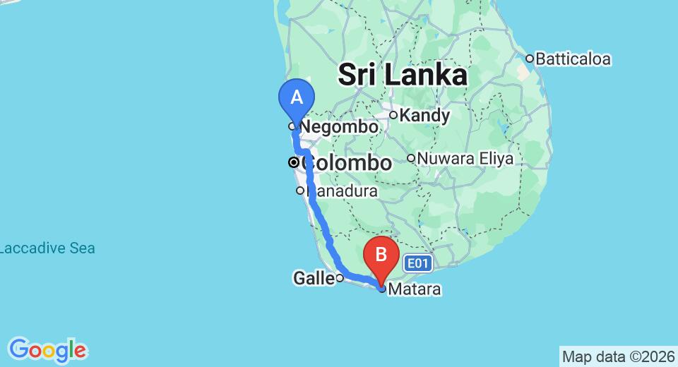 Driving route map: Colombo Airport (CMB) to Wickremaratne Home Stay, Matara (182 km, approx 2 h 28 min private transfer)