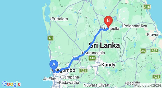 Driving route map: Colombo Airport (CMB) to Giraagama (146 km, approx 3 h 14 min private transfer)