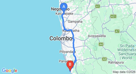 Driving route map: Colombo Airport (CMB) to Club Waskaduwa Beach Resort and Spa, Kalutara (80 km, approx 1 h 24 min private transfer)
