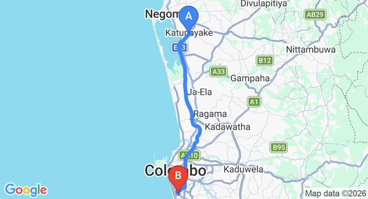 Driving route map: Colombo Airport (CMB) to The Havelock Place Bungalow, Colombo (37 km, approx 53 min private transfer)
