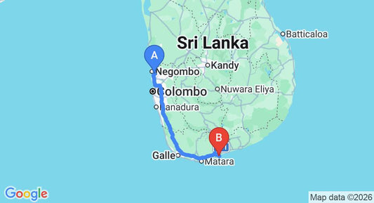Driving route map: Colombo Airport (CMB) to Kurumba House, Tangalle (212 km, approx 2 h 54 min private transfer)