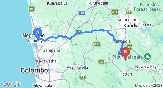 Driving route map: Colombo Airport (CMB) to Kotmale (135 km, approx 4 h 9 min private transfer)