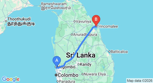 Driving route map: Colombo Airport (CMB) to Pigeon Island, Trincomalee (239 km, approx 4 h 51 min private transfer)