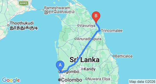 Driving route map: Colombo Airport (CMB) to Kuchchaveli (266 km, approx 5 h 26 min private transfer)