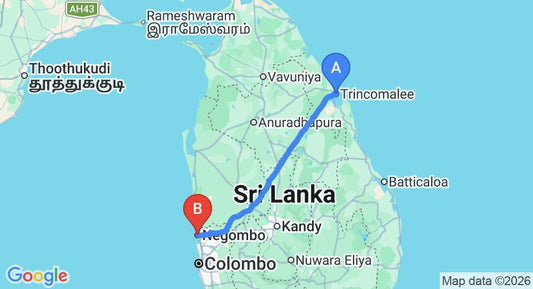 Driving route map: Trincomalee to Negombo (236 km, approx 4 h 44 min private transfer)