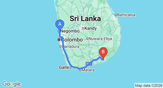 Driving route map: Colombo Airport (CMB) to Tissamaharama (279 km, approx 3 h 43 min private transfer)