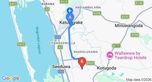 Driving route map: Colombo Airport (CMB) to New Hotel Home Feel, Ja Ela (7 km, approx 18 min private transfer)