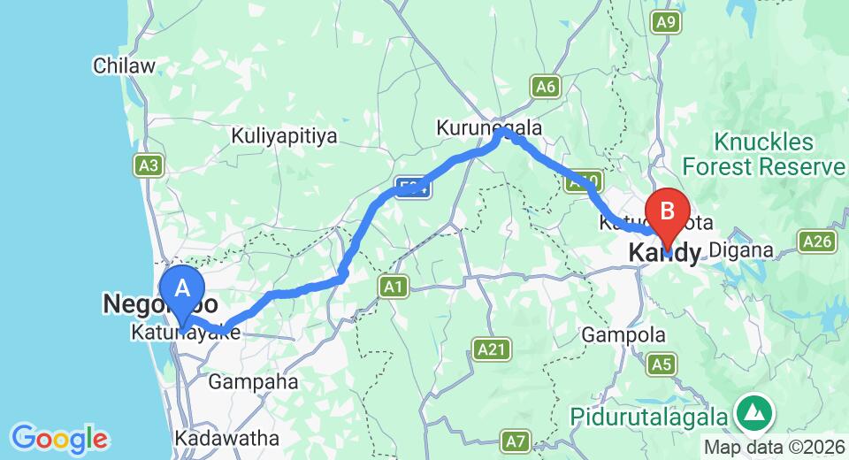 Driving route map: Colombo Airport (CMB) to Kandy Supreme Hotel, Kandy (114 km, approx 2 h 52 min private transfer)