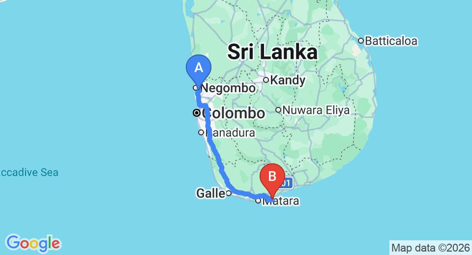 Driving route map: Colombo Airport (CMB) to Wetakeiya House, Dikwella (201 km, approx 2 h 55 min private transfer)