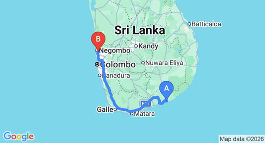 Driving route map: Bundala to Colombo Airport (CMB) (280 km, approx 3 h 40 min private transfer)