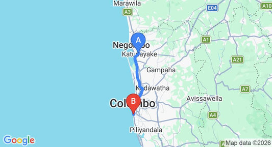 Driving route map: Colombo Airport (CMB) to Chapelton House, Colombo (38 km, approx 55 min private transfer)
