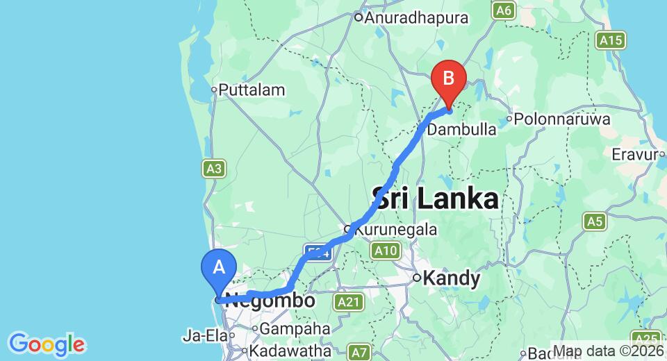 Driving route map: Negombo to Sigiriya (149 km, approx 3 h 12 min private transfer)