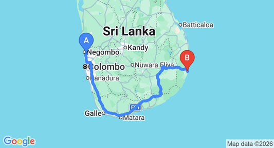 Driving route map: Colombo Airport (CMB) to Palm Groove Holiday Inn, Arugam Bay (419 km, approx 6 h 28 min private transfer)