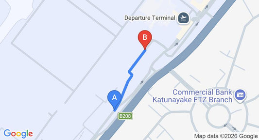 Driving route map: Colombo Airport (CMB) to Katunayake (0 km, approx 0 min private transfer)