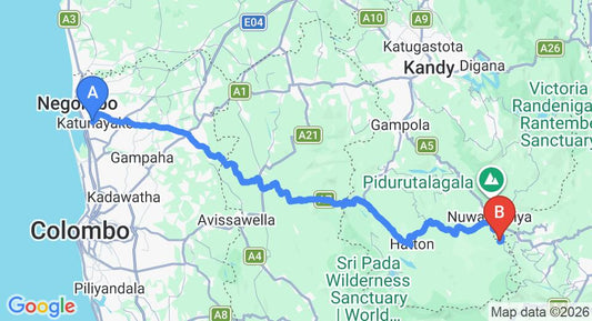 Driving route map: Colombo Airport (CMB) to The Plains Green Bungalow DO NOT USE, Ambewela (159 km, approx 4 h 58 min private transfer)