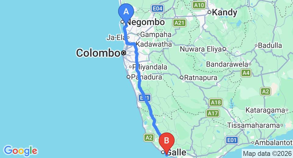 Driving route map: Colombo Airport (CMB) to Unawatuna Beach Bungalow Hotel, Unawatuna (153 km, approx 2 h 8 min private transfer)