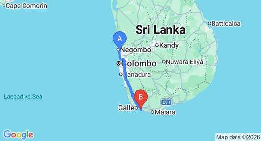 Driving route map: Colombo Airport (CMB) to Tisara Villa, Habaraduwa (158 km, approx 2 h 20 min private transfer)