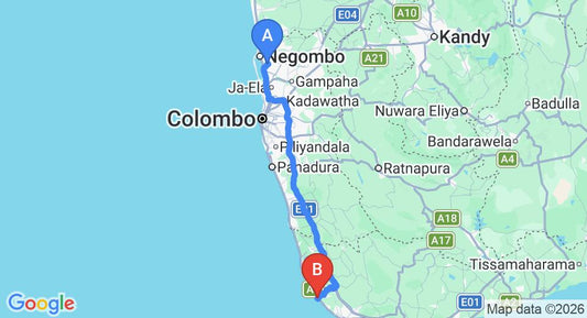 Driving route map: Colombo Airport (CMB) to International Beach Hotel and Restaurant, Hikkaduwa (144 km, approx 2 h 8 min private transfer)