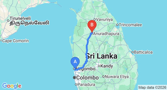 Driving route map: Colombo Airport (CMB) to Great Wall Tourist Rest, Anuradhapura (176 km, approx 3 h 48 min private transfer)