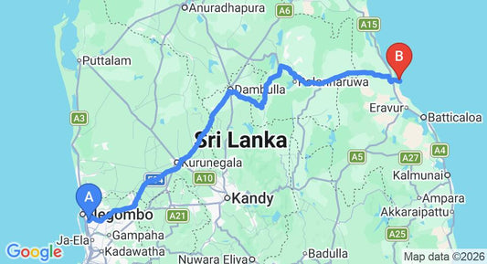 Driving route map: Colombo Airport (CMB) to Amethyst Resort, Pasikuda (267 km, approx 5 h 28 min private transfer)