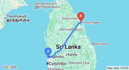 Driving route map: Colombo Airport (CMB) to Trincomalee Beach Resort & Spa, Trincomalee (237 km, approx 4 h 48 min private transfer)