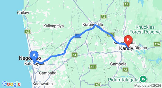 Driving route map: Colombo Airport (CMB) to Kandy Krish Residence, Kandy (115 km, approx 2 h 51 min private transfer)