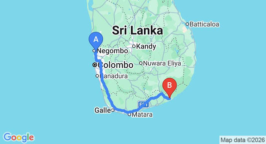 Driving route map: Colombo Airport (CMB) to Hide Yala, Yala (286 km, approx 3 h 56 min private transfer)