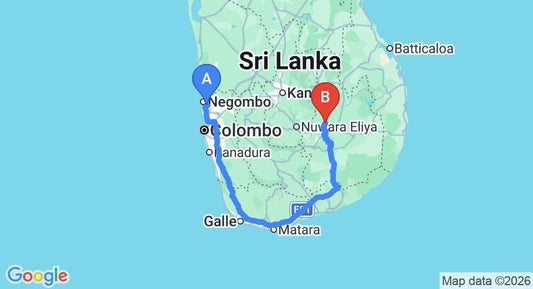 Driving route map: Colombo Airport (CMB) to De Ath, Badulla (355 km, approx 5 h 34 min private transfer)