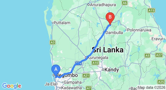 Driving route map: Colombo Airport (CMB) to Arika Boutique Villa, Dambulla (149 km, approx 3 h 18 min private transfer)