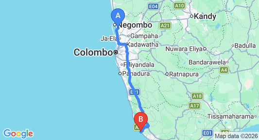 Driving route map: Colombo Airport (CMB) to Villa Saffron Hikkaduwa, Hikkaduwa (144 km, approx 2 h 8 min private transfer)