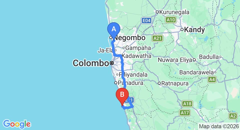 Driving route map: Colombo Airport (CMB) to Taprospa Footprints, Beruwala (110 km, approx 1 h 46 min private transfer)