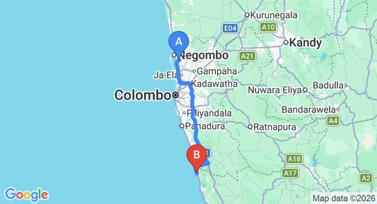 Driving route map: Colombo Airport (CMB) to Pandanus Beach Resort and Spa, Induruwa (113 km, approx 1 h 47 min private transfer)