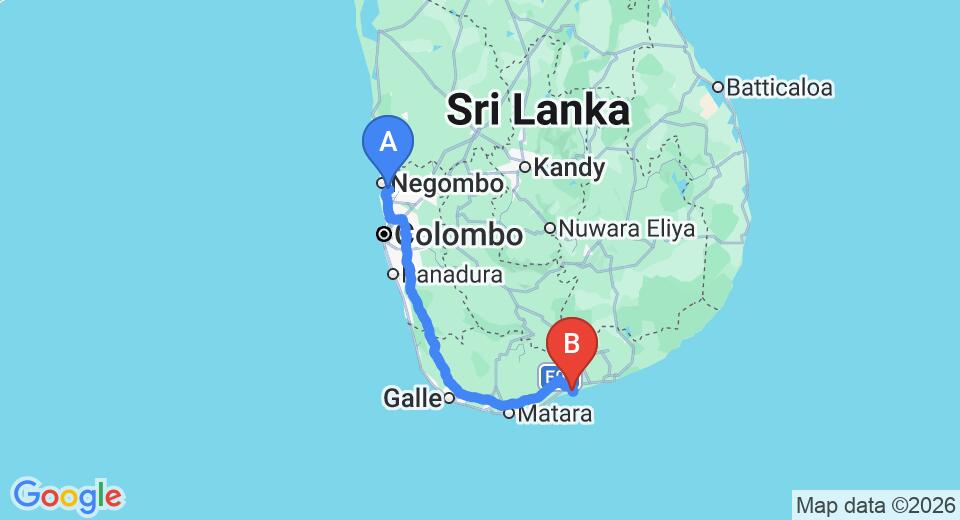 Driving route map: Colombo Airport (CMB) to Back of Beyond - Kahandamodara, Tangalle (227 km, approx 3 h 5 min private transfer)