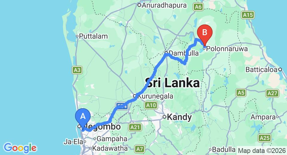 Driving route map: Colombo Airport (CMB) to Samagi Guest House and Cottage, Polonnaruwa (197 km, approx 4 h 5 min private transfer)