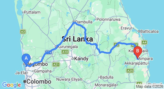 Driving route map: Colombo Airport (CMB) to Monty Hotel, Ampara (324 km, approx 6 h 29 min private transfer)