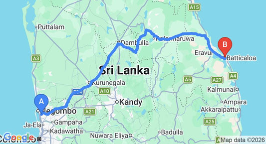 Driving route map: Colombo Airport (CMB) to Hotel East Lagoon, Batticaloa (294 km, approx 6 h 7 min private transfer)