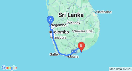 Driving route map: Colombo Airport (CMB) to Shangri-La's Golf Resort and Spa, Hambantota (269 km, approx 3 h 27 min private transfer)