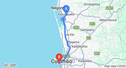 Driving route map: Colombo Airport (CMB) to Crescat Apartments, Colombo (36 km, approx 48 min private transfer)