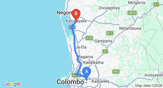 Driving route map: Angoda to Colombo Airport (CMB) (33 km, approx 38 min private transfer)