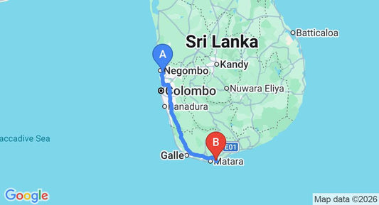 Driving route map: Colombo Airport (CMB) to Talalla (195 km, approx 2 h 43 min private transfer)